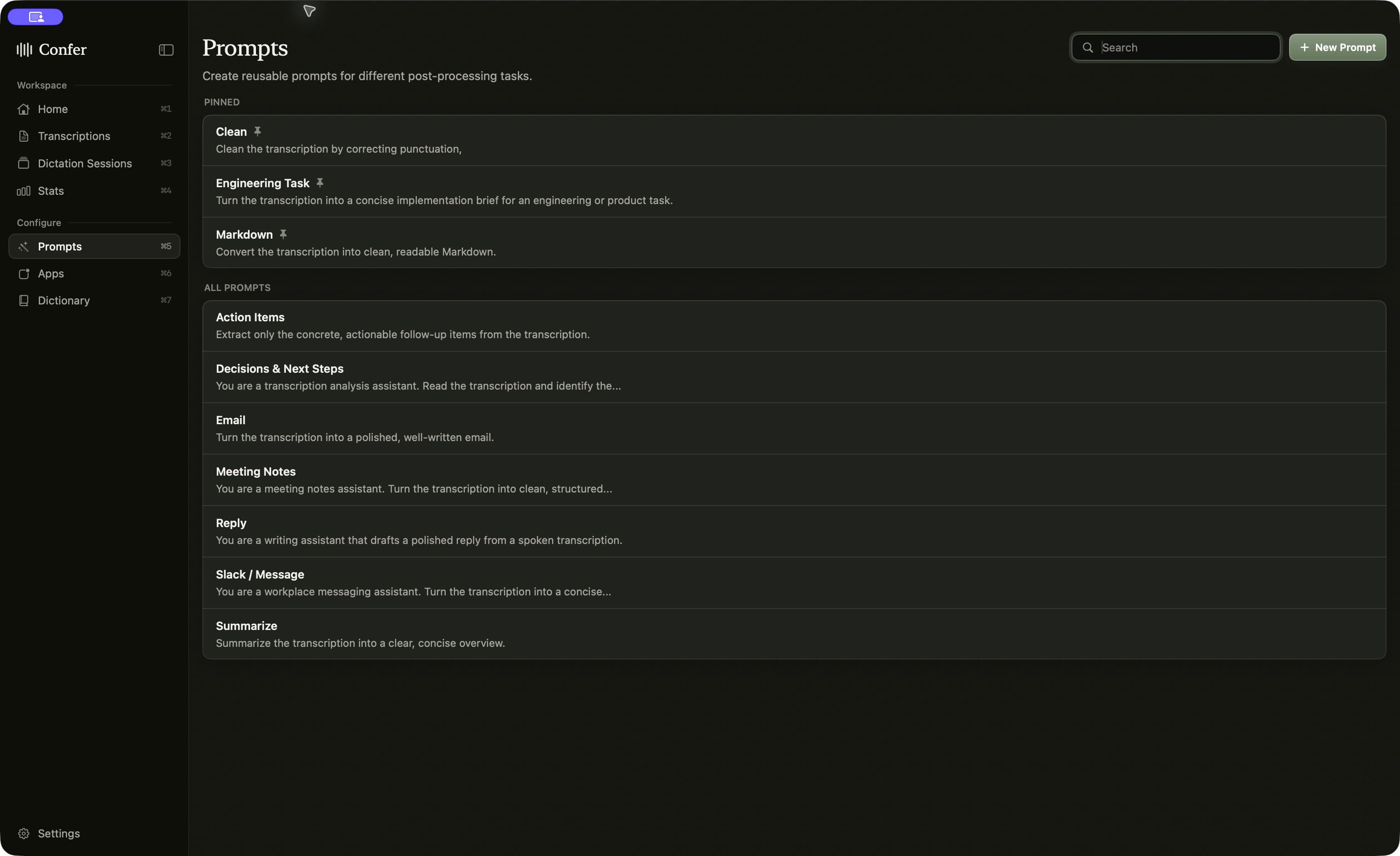 Confer’s current Prompts view, with its workspace sidebar and built-in prompts for Clean, Engineering Task, Markdown, and more.